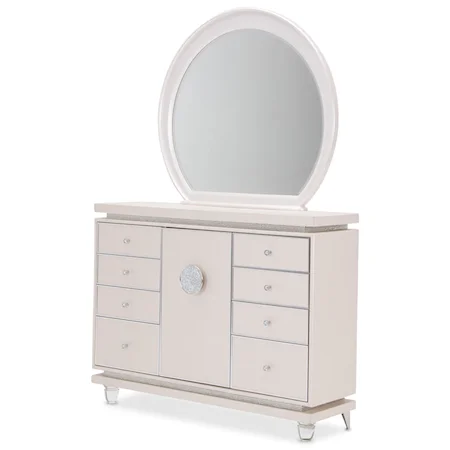 Glam Upholstered Dresser and Mirror Set